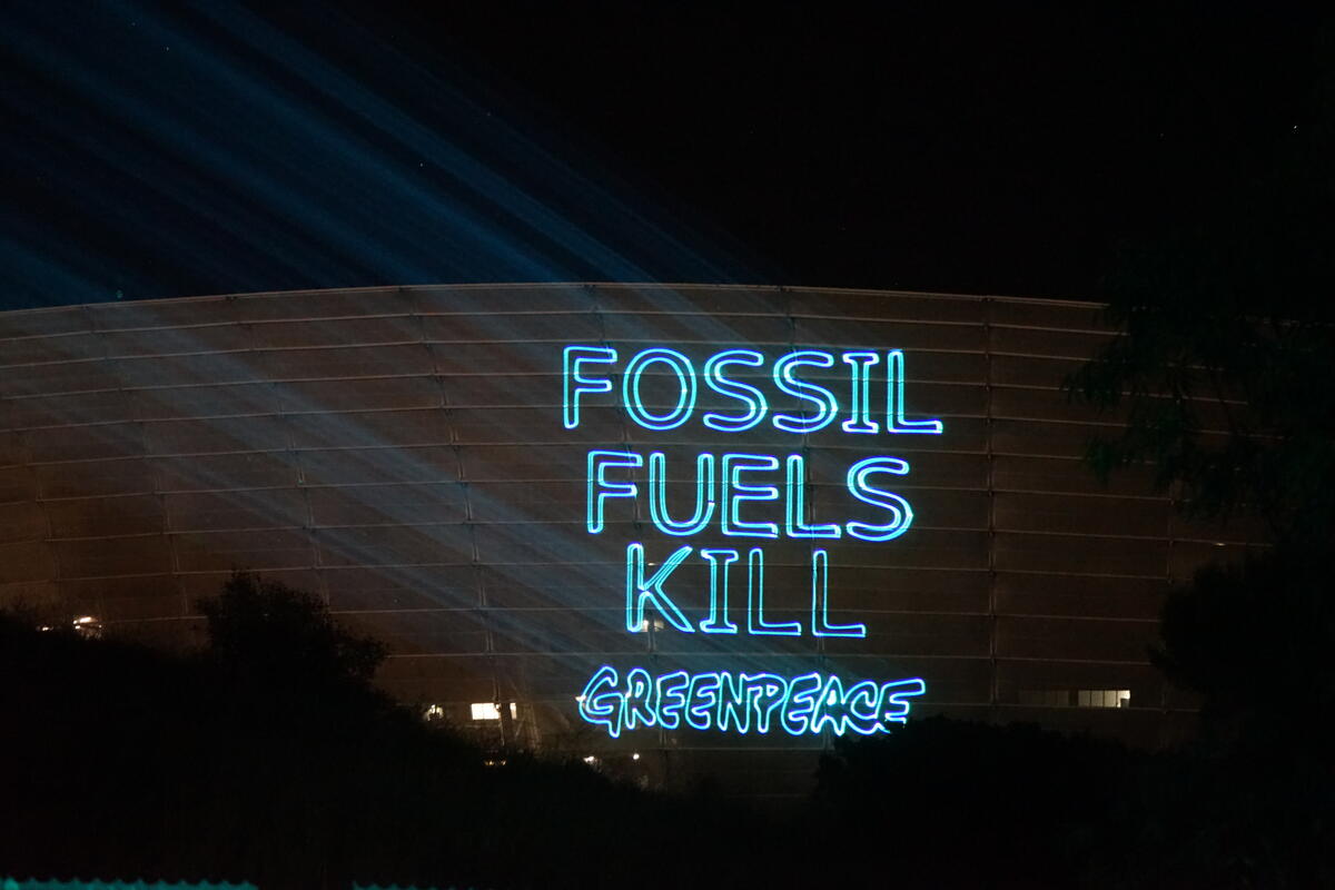 Projection onto Green Point Stadium in Cape Town, South Africa. © Awelani Mudau / Greenpeace