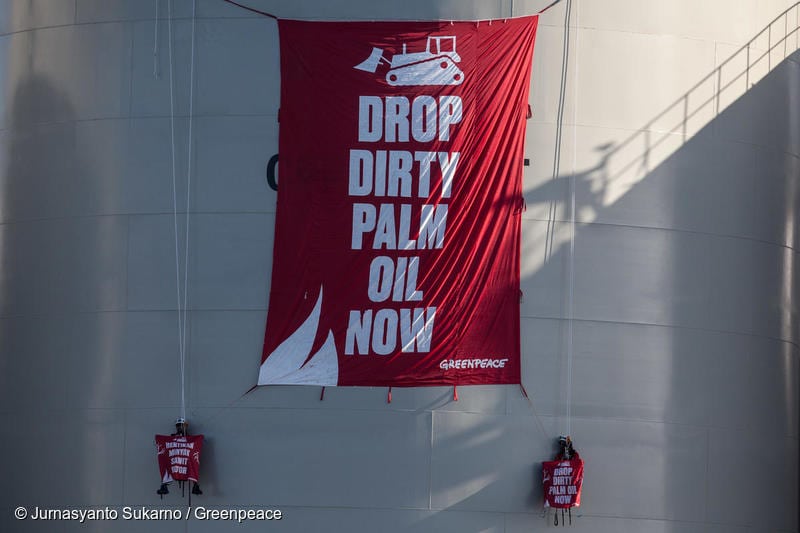Greenpeace activists unfurl a banner reading "Drop Dirty Palm Oil Now" at the Wilmar International refinery in Bitung, North Sulawesi. The refinery, on the Indonesian island of Sulawesi, processes palm oil from major producers that are destroying rainforests in Kalimantan and Papua, Indonesia.